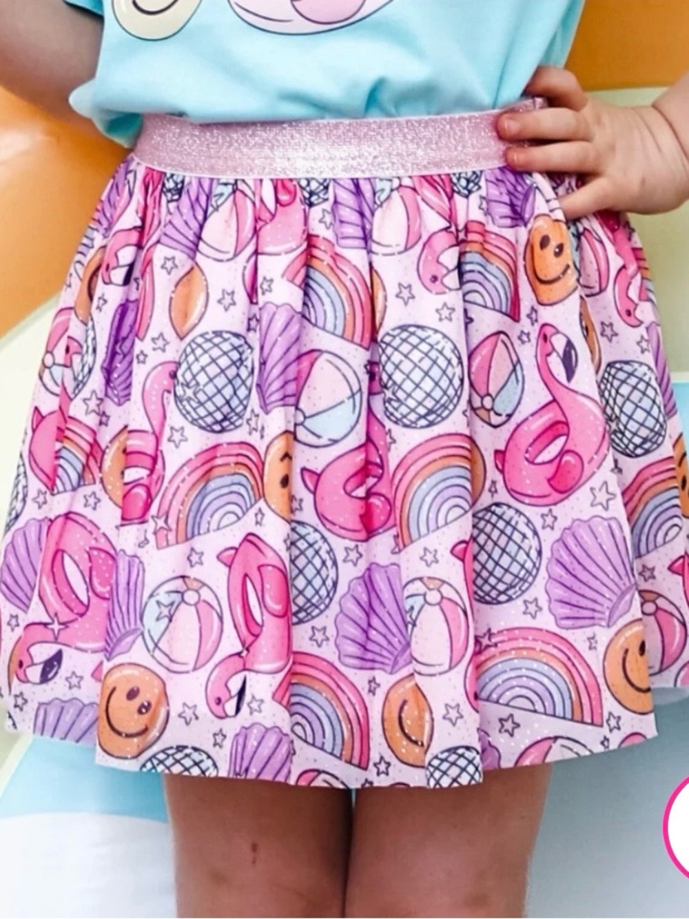 Kids Pink Glitter Waist Skirt with Rainbow & Flamingo Print by Wink sz 6-8 Y